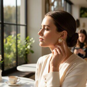 Vintage Two Sisters Faux Mabe Pearl Clip On Earrings 1.25" Gold Tone Statement